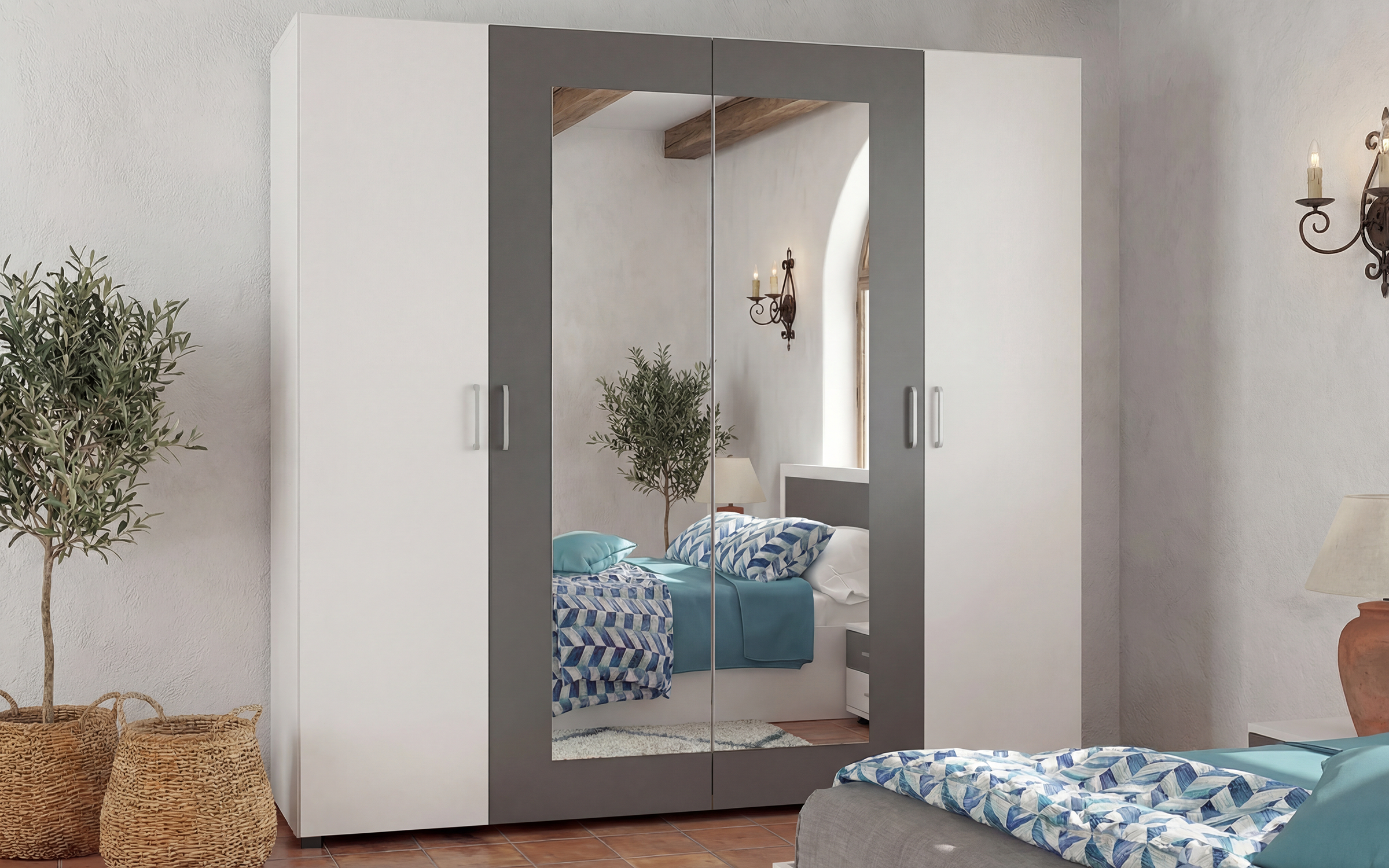 Set dormitor 160/200 Porto + saltea, alb lucios + antracit mat  3