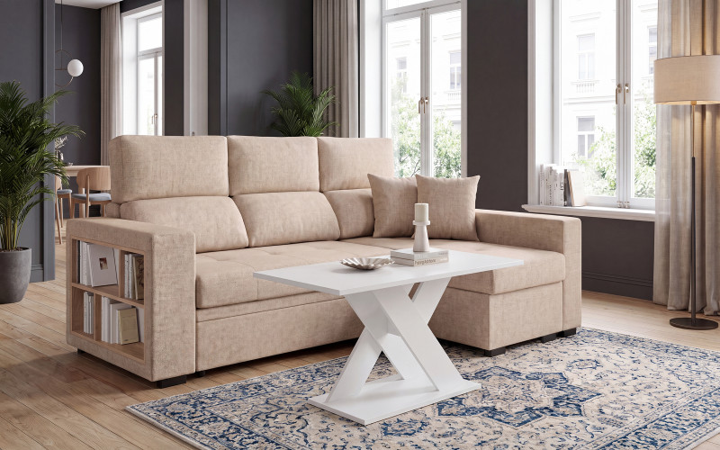 Set Coltar extensibil  cu brat minietajera Astor  + masuta de cafea Alina, bej + alb mat  1