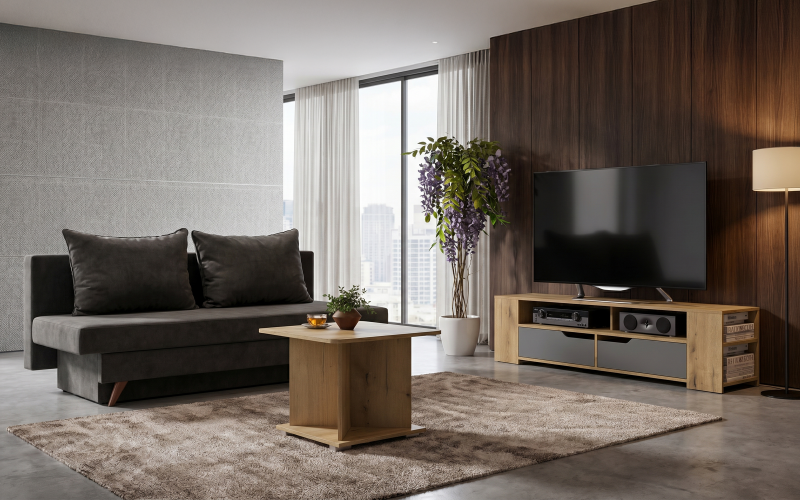 Set living Rayan, gri-maroniu + stejar evoc + antracit mat + stejar evoc  1