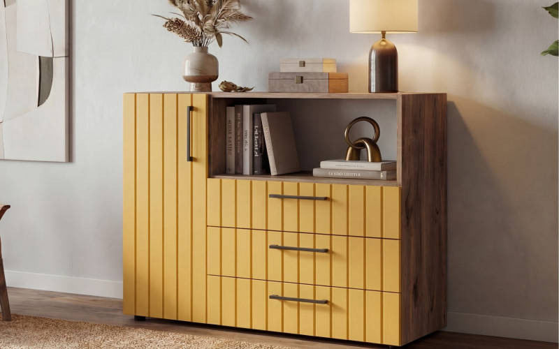Comoda Barx, stejar scandinav inchis + satin galben  1