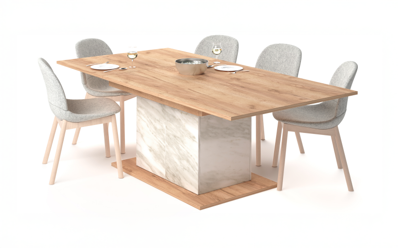 Masa dining /extensibila/ Selera, stejar craft auriu + decor marmura alba  1