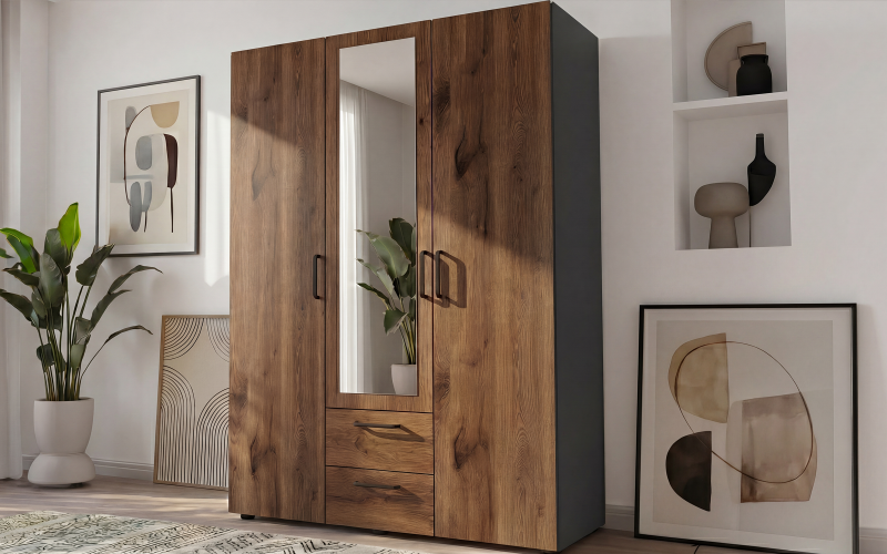 Dulap cu bara pentru umerase si rafturi Bruno M 2, antracit mat + stejar scandinav inchis  1