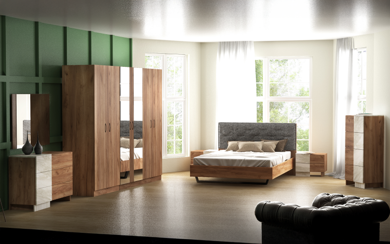 Set dormitor 160/200 Sielo, stejar Tabacco + decor marmura alba  6
