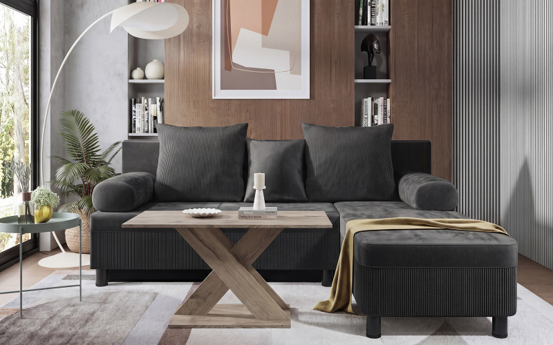 Set Coltar extensibil Delano + masuta de cafea Alina, gri inchis +stejar scandinav deschis  1