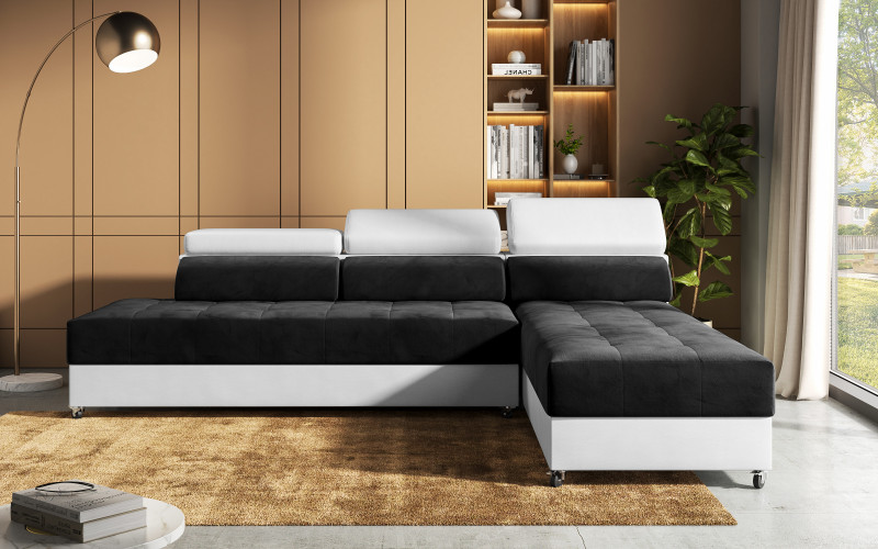 Set Coltar pentru livind Galans + masuta de cafea Ines, negru + piele alba  2