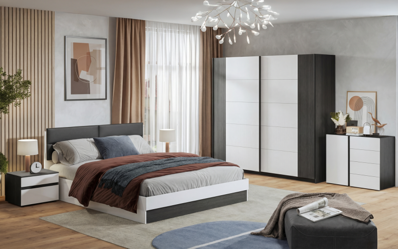 Set dormitor 160/200 Infinity + saltea, alb + stejar antracit  1