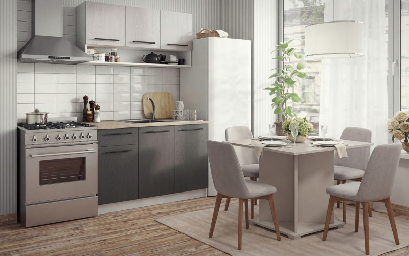 Bucatarie + masa dining Tifani + Aurea XL, shagreen alb + gri + bej + nisipiu mat + bej metalic  1