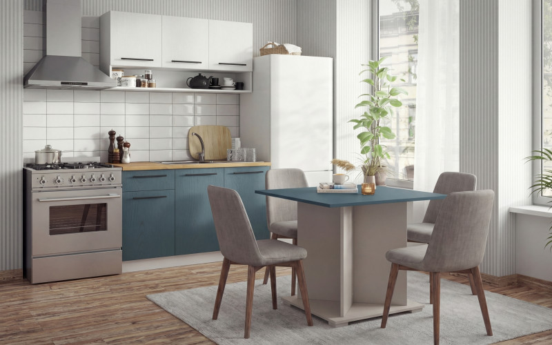 Bucatarie + masa dining Tifani + Aurea XL, shagreen alb + turcoaz + alb + nisipiu mat + petrol  1