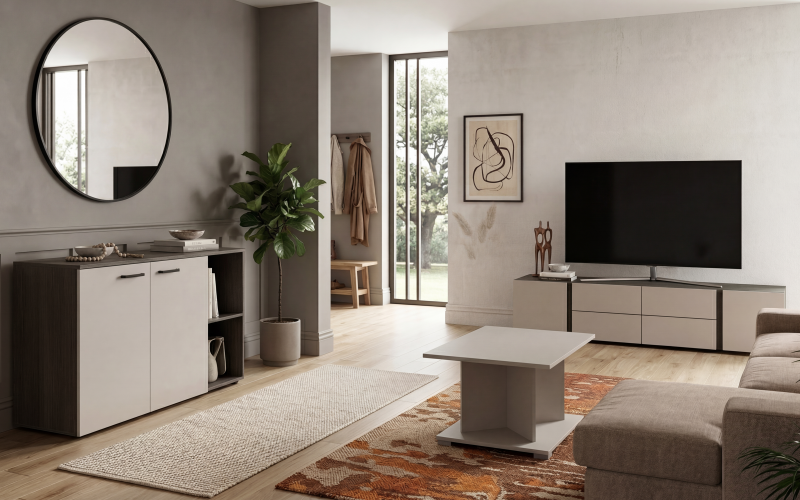 Set Modul TV Omonia + masuta de cafea Aurea L + comoda Space D, casmir + stejar antracit  1