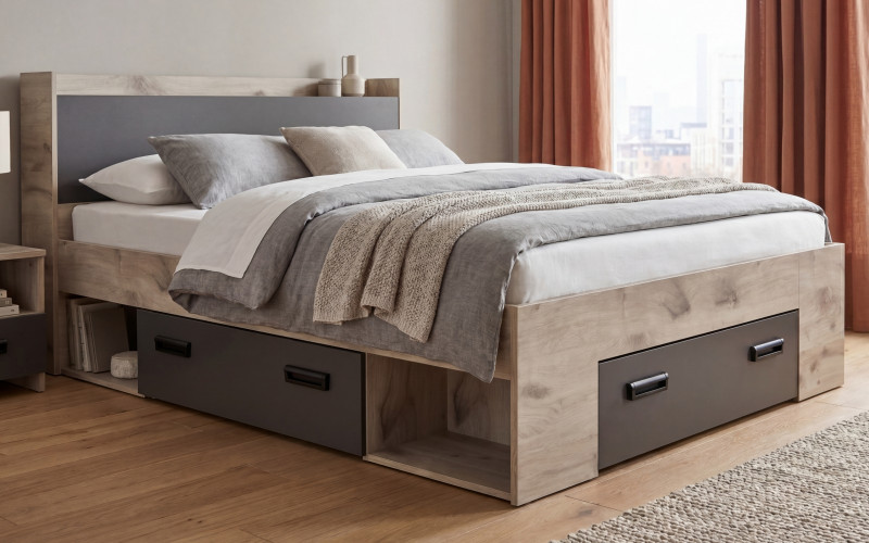 Pat dublu 160/200 cu lada Mondi, stejar scandinav deschis + antracit mat  1