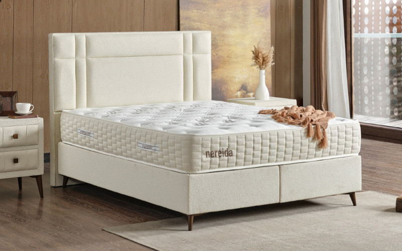 Pat dublu Boxspring 160/200 Nereida + saltea, crem  1