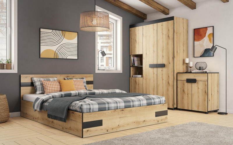 Set dormitor 160/200 Jessie, stejar evoc + negru lucios  1