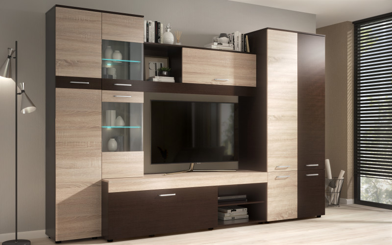 Biblioteca + iluminare LED Kapri, wenge + stejar sonoma  1