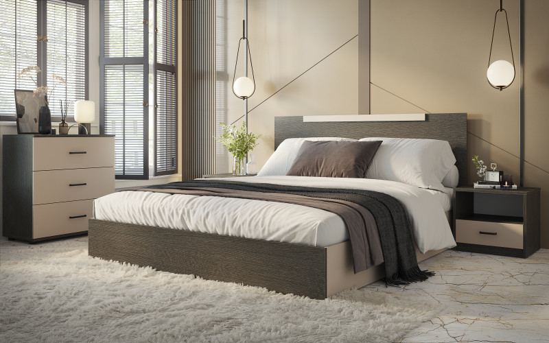 Pat dublu + 2 buc. noptiera + comoda Colectia Emily 2 pentru dormitor, casmir + stejar antracit  1