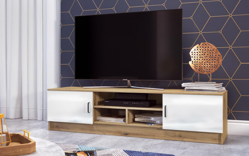 Modul TV Suerte, stejar evoc + alb lucios  1