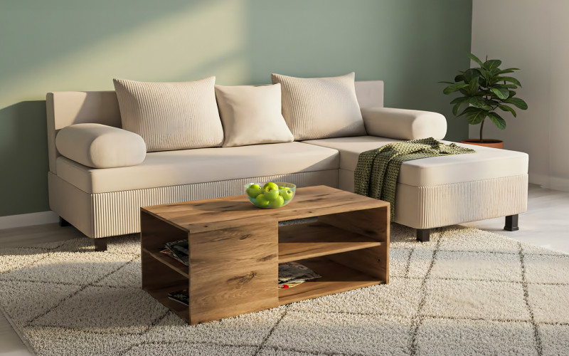 Set Coltar extensibil Delano S + masuta de cafea Polin, bej deschis + stejar scandinav inchis  1