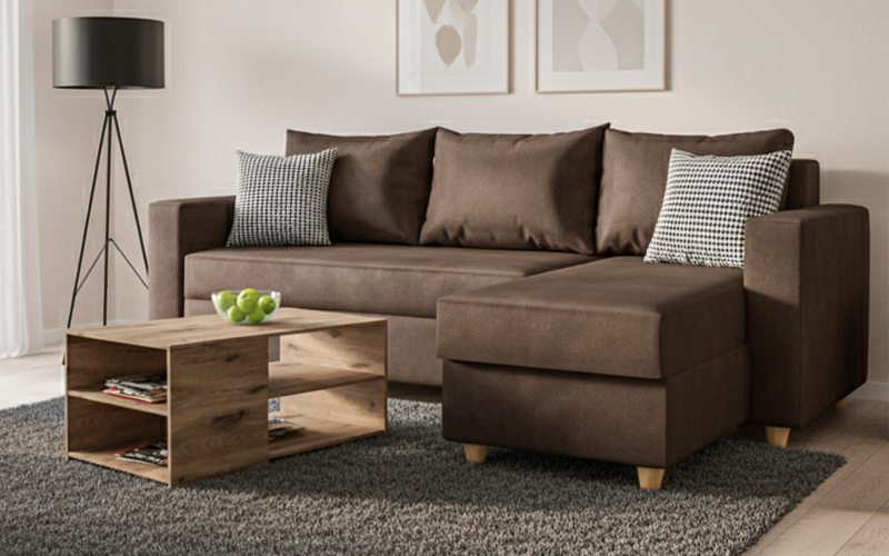 Set Coltar extensibil Fabiola + masuta de cafea Polin, maro + print + stejar scandinav inchis  1