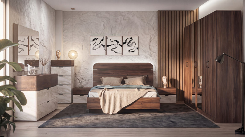 Set dormitor 160/200 Aloma, stejar Ristretto Baroque + decor marmura alba  1