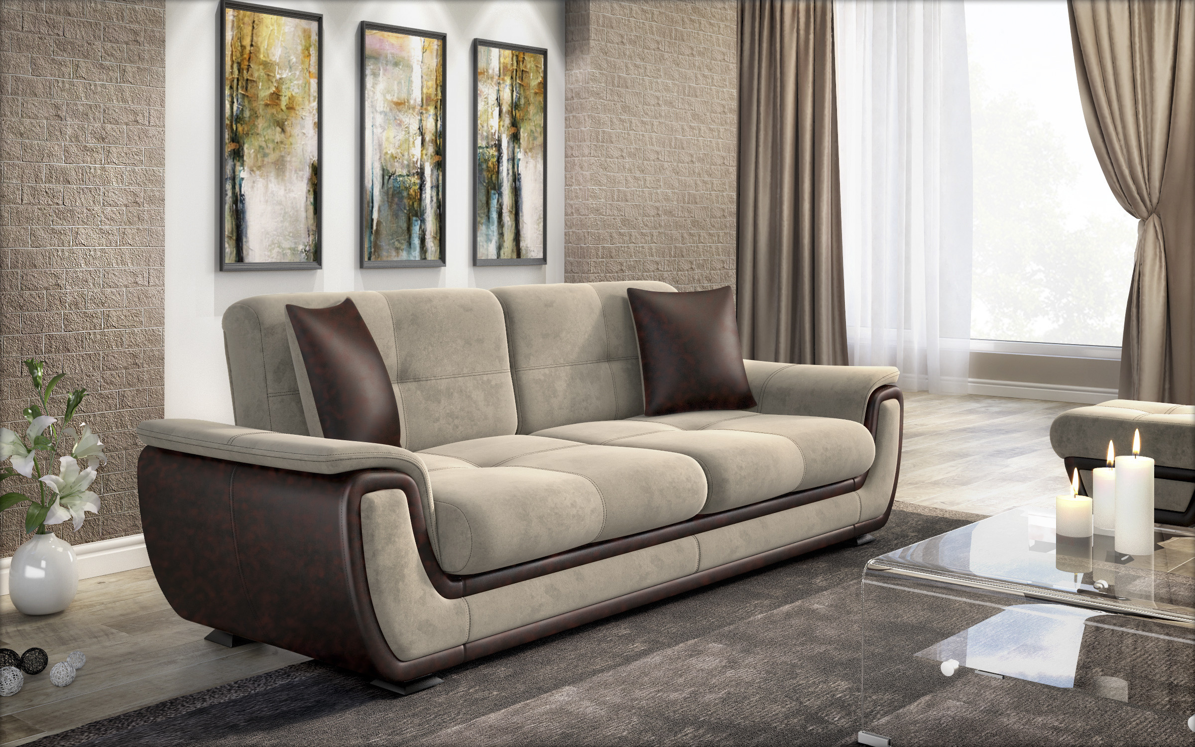 Canapea extensibila click- clack Princess II, bej deschis + piele maro  3