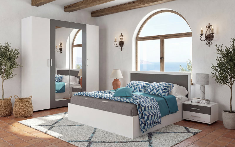 Set dormitor 160/200 Porto + saltea, alb lucios + antracit mat  1
